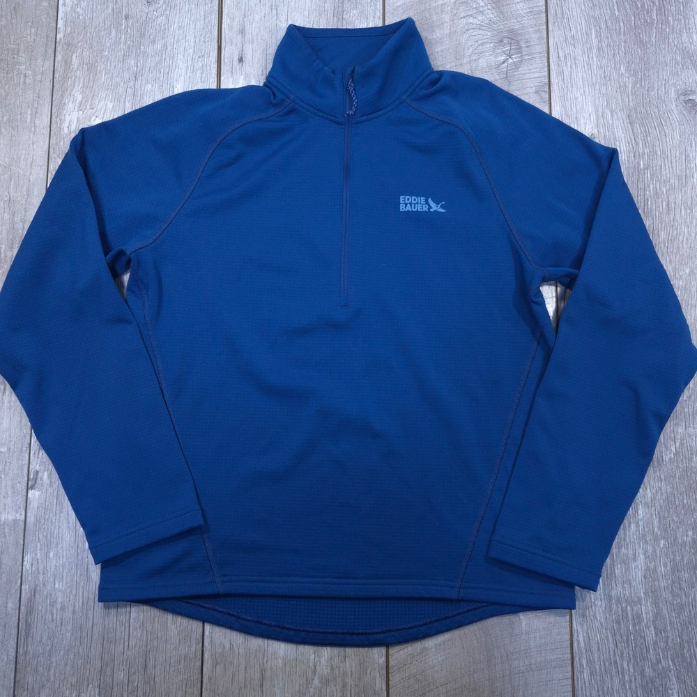 Eddie Bauer Grid Fleece Pullover Mens Size Medium Blue Half Zip Thumbholes